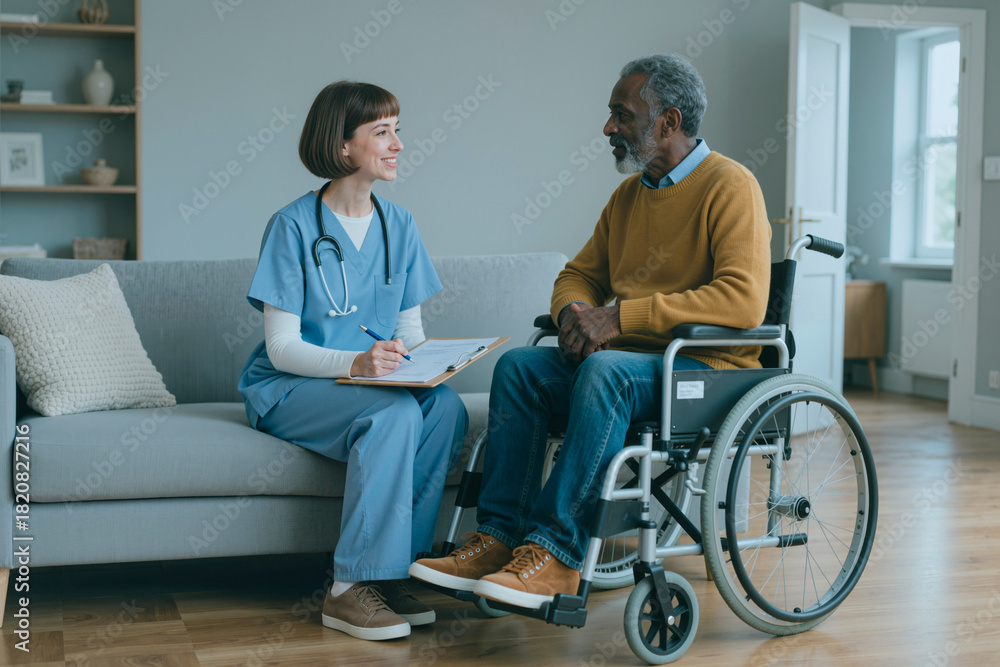 Obraz premium female nurse sitting on sofa talking to senior Black man in wheelchair holding clipboard and pen providing medical care in modern healthcare setting