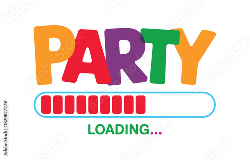 The word "PARTY" is displayed in colorful, bold letters above a loading bar that is partially filled with red blocks, indicating an event is about to begin.