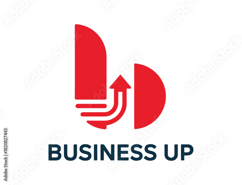 A red and white abstract logo featuring the letters 'b' and 'B' with an upward arrow indicating growth and progress for business success.