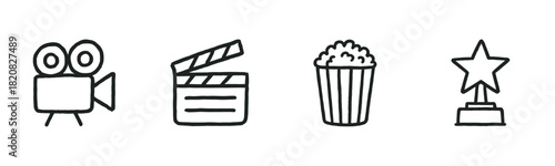 Collection of black hand-drawn icons for business and education concepts, including a launching rocket, a desk with a laptop, an open book, and a simple smiling face