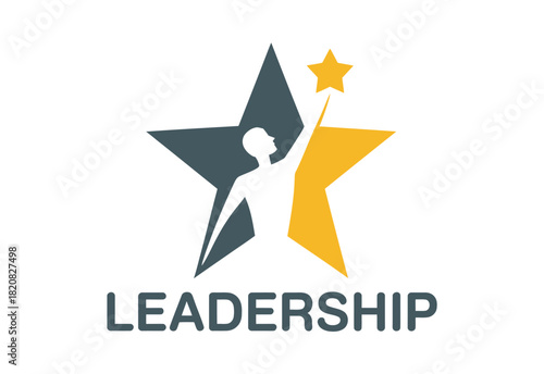 A stylized figure reaches for a star within a larger star graphic, symbolizing leadership and achievement.