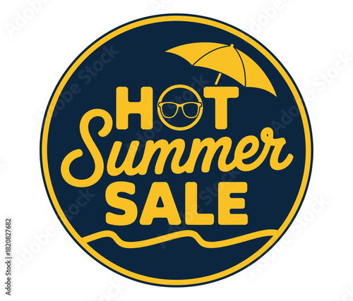 A circular graphic design announces a 'Hot Summer Sale' with an umbrella and sunglasses, symbolizing the season and good deals.