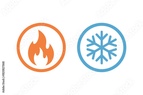 Two circular icons, one depicting a flame for heat and the other a snowflake for cold, symbolizing temperature contrast and regulation.