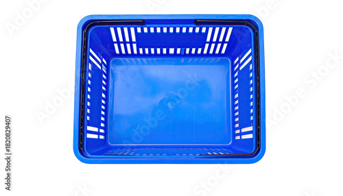 Top-down view of an empty, bright blue shopping basket against a black backdrop