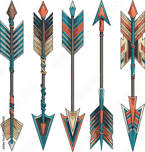 Five tribal arrows with wooden shafts and decorative fletching in blue and orange weapon hunting