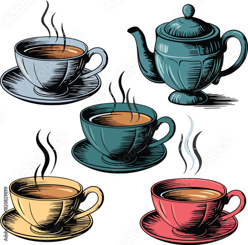 Four steaming cups of coffee and a teal teapot on saucers drink