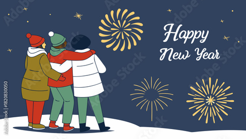 Three people in winter coats and hats stand together outdoors at night, watching yellow fireworks and stars against a dark blue sky. The right side features the white cursive text **Happy New Year**