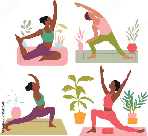 Four women in yoga poses with plants and decorative objects on white background woman female