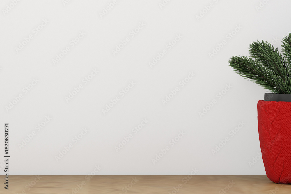 Fototapeta premium Christmas pine branches in red pot background for presentation