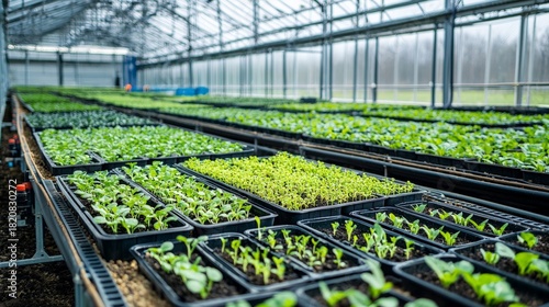 A wide shot of a greenhouse nursery, with young plants in trays ready to be transplanted into fields