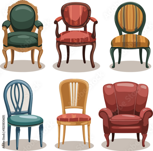Six antique and vintage chairs in various styles and colors arranged in two rows furniture interior