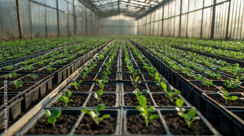 A wide shot of a greenhouse nursery, with young plants in trays ready to be transplanted into fields