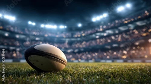 Excitement builds in the stadium as a rugby ball rests on the grass before a thrilling match at night