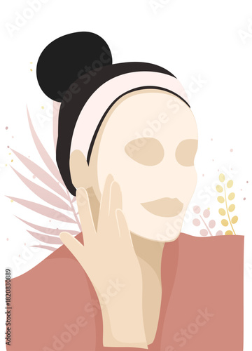 A woman applying a sheet mask on her face, wearing a robe, with soft botanical elements behind her in a calm, self-care concept.