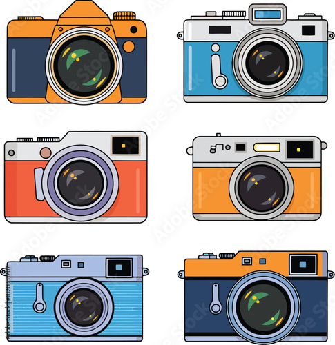 Six vintage style cameras in orange blue and red colors with black lenses retro photography