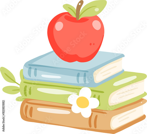 Stack of Books with Apple Illustration
