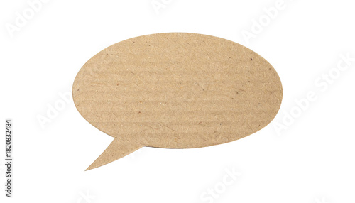 A brown, oval speech bubble cut from cardboard against a stark black background