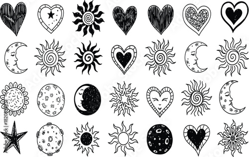 Hand drawn celestial symbols hearts suns and moons in black and white