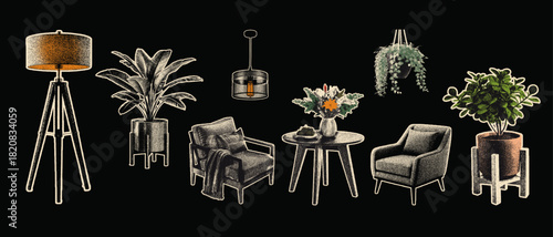set of Modern furniture halftone collage cutouts. vintage dot texture illustration. indoor plant, lounge, chair, cushion, throw blanket, Hanging plant, light, side table with transparent background.
