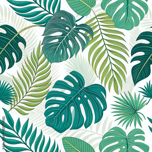Vibrant tropical leaves pattern with monstera and palm leaves, bold colorful seamless design