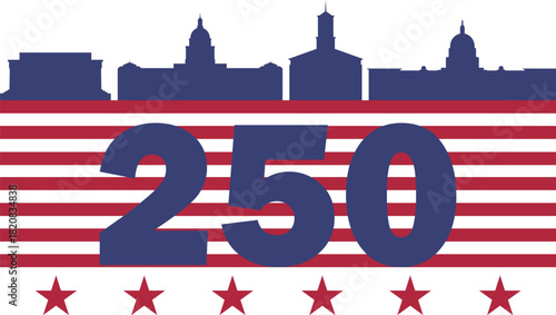 250 years Anniversary card design. 250th anniversary sticker, label, tag, badge to celebrate Independence Day of America on 4th July