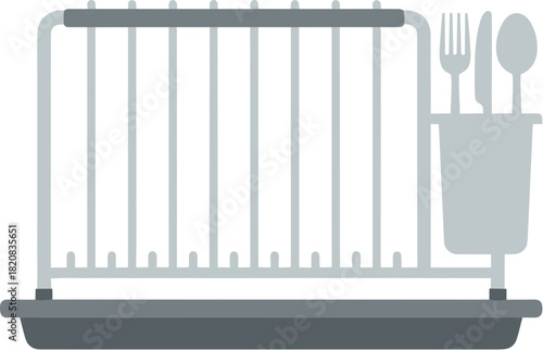 Gray kitchen dish drying rack with cutlery holder.