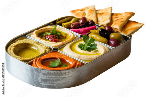 Metal tray filled with hummus, dips, olives, pickles, and pita bread isolated with transparent background