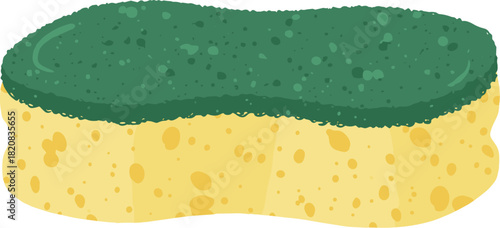 A yellow and green kitchen sponge for washing dishes isolated on a white background.