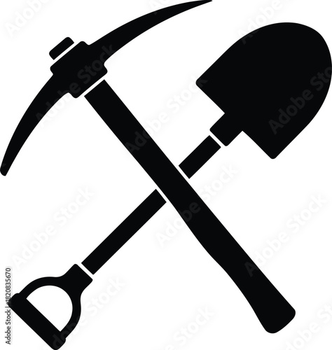 Pickaxe and shovel crossed industrial mining tools silhouette icon vector