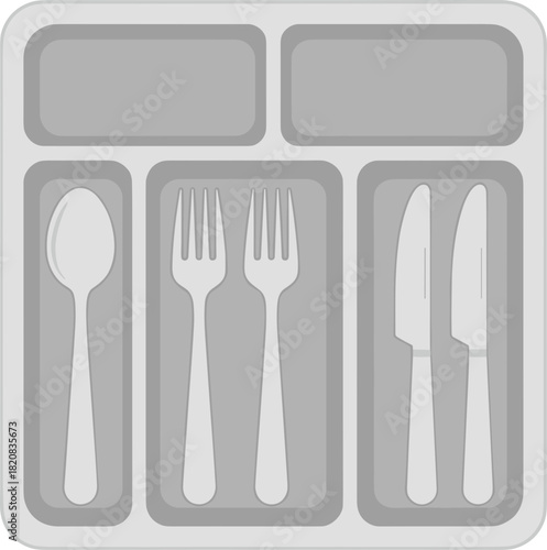 Gray plastic silverware tray with organized eating utensils.
