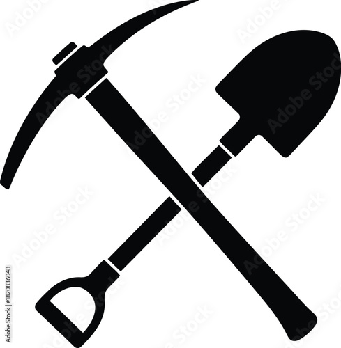 Crossed pickaxe and shovel icon graphic vector