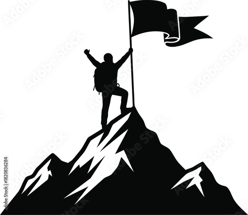 Silhouette climber on mountain peak planting flag celebrating victory achievement vector