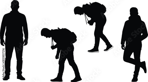 Black Silhouette Hiker Collection: Diverse Male Traveler Poses with Backpacks, Isolated Vector Set for Adventure, Trekking, Tourism, Education, and Lifestyle Design Templates.