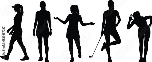 Active Female Golfers Silhouette Vector Pack Walking Standing Talking Swinging Posing Fun Leisure Sporty Lifestyle Women Athletes Exercise Summer Outdoor Recreation Design 
