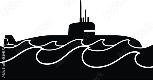 Modern submarine navigating ocean waves silhouette graphic vector