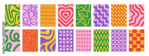 Abstract set vertical backgrounds with colorful waves and shapes. Trendy vector illustration in style retro 60s, 70s.