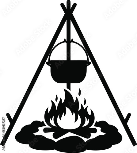 Campfire cooking pot silhouette adventure outdoors vector