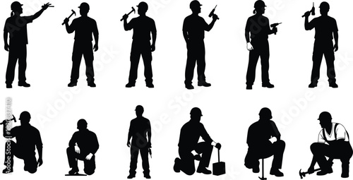 Black Silhouettes of Construction Workers Builders Laborers Holding Tools: Hammer, Drill, Shovel, and Pickaxe, Wearing Hard Hats, Working Standing and Kneeling,