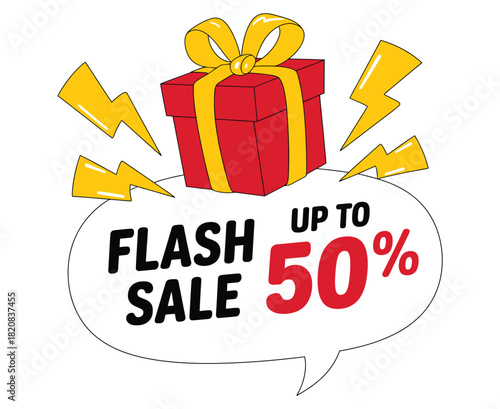 A bright red gift box with a yellow ribbon sits atop a speech bubble announcing a flash sale with up to 50% off, surrounded by energetic yellow lightning bolts.