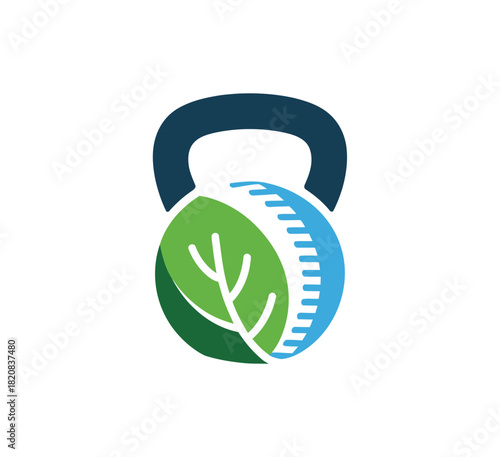A stylized kettlebell merges a healthy green leaf and a measuring tape to represent fitness and nutrition goals.