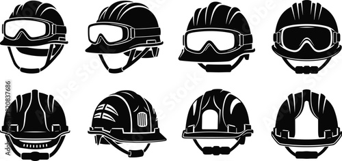 Essential Safety Equipment Icons: Industrial Worker and Construction Hard Hat Silhouettes with Integrated Goggles for Protection, Front and Back View, Modern Vector Set for Occupational