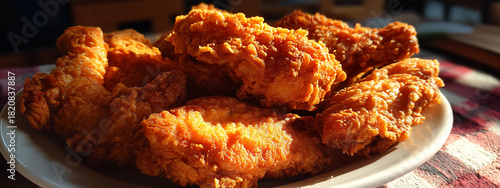 Close-up shot of crispy fried chicken on a plate, captured with a smartphone camera
