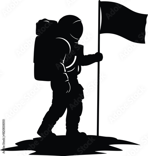 Astronaut planting flag on alien planet representing space exploration and achievement vector