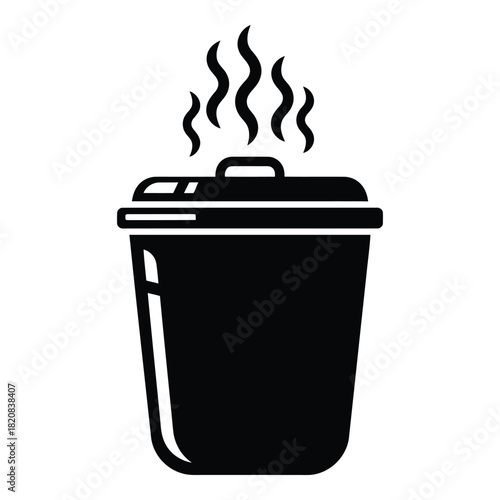 Hot Compost Bin Illustration, Kitchen Waste Container Icon, Steaming Food Scraps Black Vector Silhouette