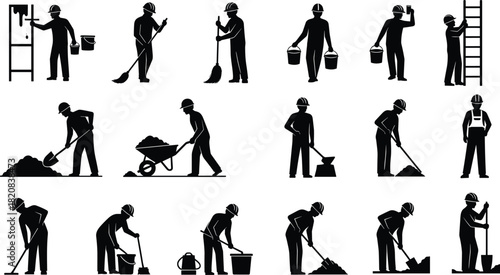 Silhouettes of construction workers and laborers icons collection illustrating various manual jobs on a building site: digging, sweeping, hauling, climbing, mixing, and general maintenance work,