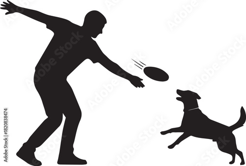 Active silhouette of a man tossing a frisbee for his energetic dog playing outdoors