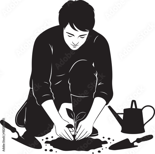 Gardening hobby silhouette person planting seedling with watering can and tools