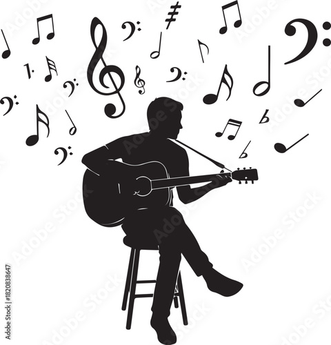 Silhouette of a musician playing guitar with musical notes floating upward