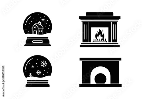 vector silhouette of a snow globe and a fireplace