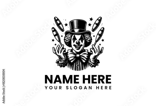 Cheerful Circus Clown Juggling Pins Vector Logo Illustration for Entertainment Branding and Event Promotions